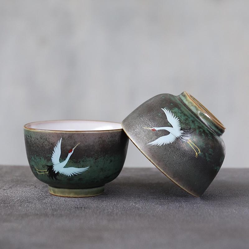 70ml Handmade Ceramic Tea Cup Kung Fu Japanese Tea Set Radiant Crane Auspicious Cup