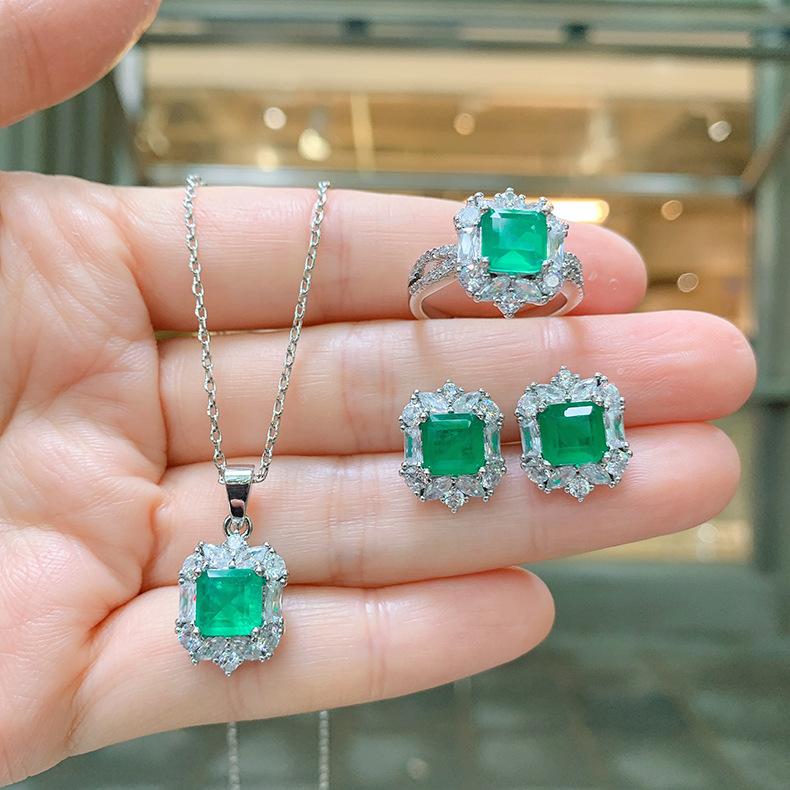 Small Square Emerald Jewelry Set Internet Famous Noblewoman Necklace Pendant Ring Earring Women's