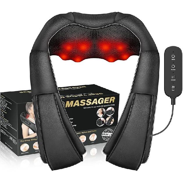 Shiatsu Neck Massager, Electric Neck and Back Massager with Heat, 3D Kneading Massage Pillow for Back, Shoulder, Muscle Pain Relief, Office & Home & Black-remote Controller