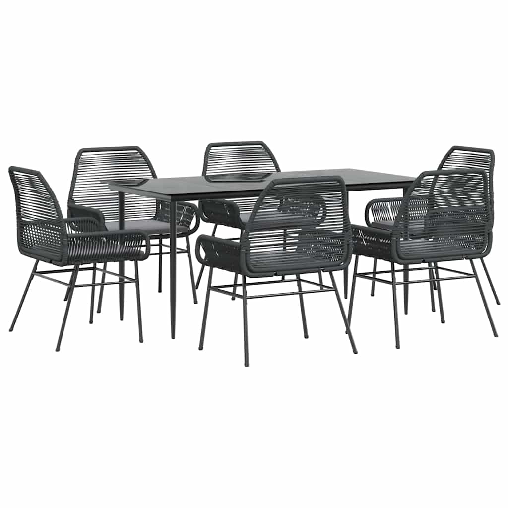 7 Piece Outdoor Dining Set with Cushions Black Poly Rattan Glass Table