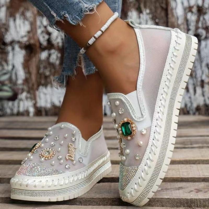 

Женские туфли на толстой подошве, весна-лето, новые, сетчатые, дышащие, из сетчатой пряжи, со стразами, лоферы на одной педали 40 белый