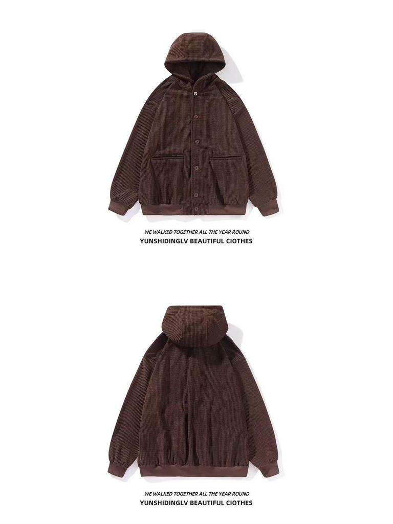 Men's Oversized Retro Waffle Knit Hooded Sweatshirt - Heavy-Weight Casual Jacket for Spring & Autumn by Trendy Brand