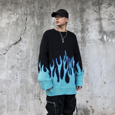 Πουλόβερ με φλόγα σε στυλ χιπ χοπ Oversize Streetwear Φθινοπωρινά Πουλόβερ Ζευγάρι Πλεκτό πουλόβερ Top Loose Ανδρικό πουλόβερ