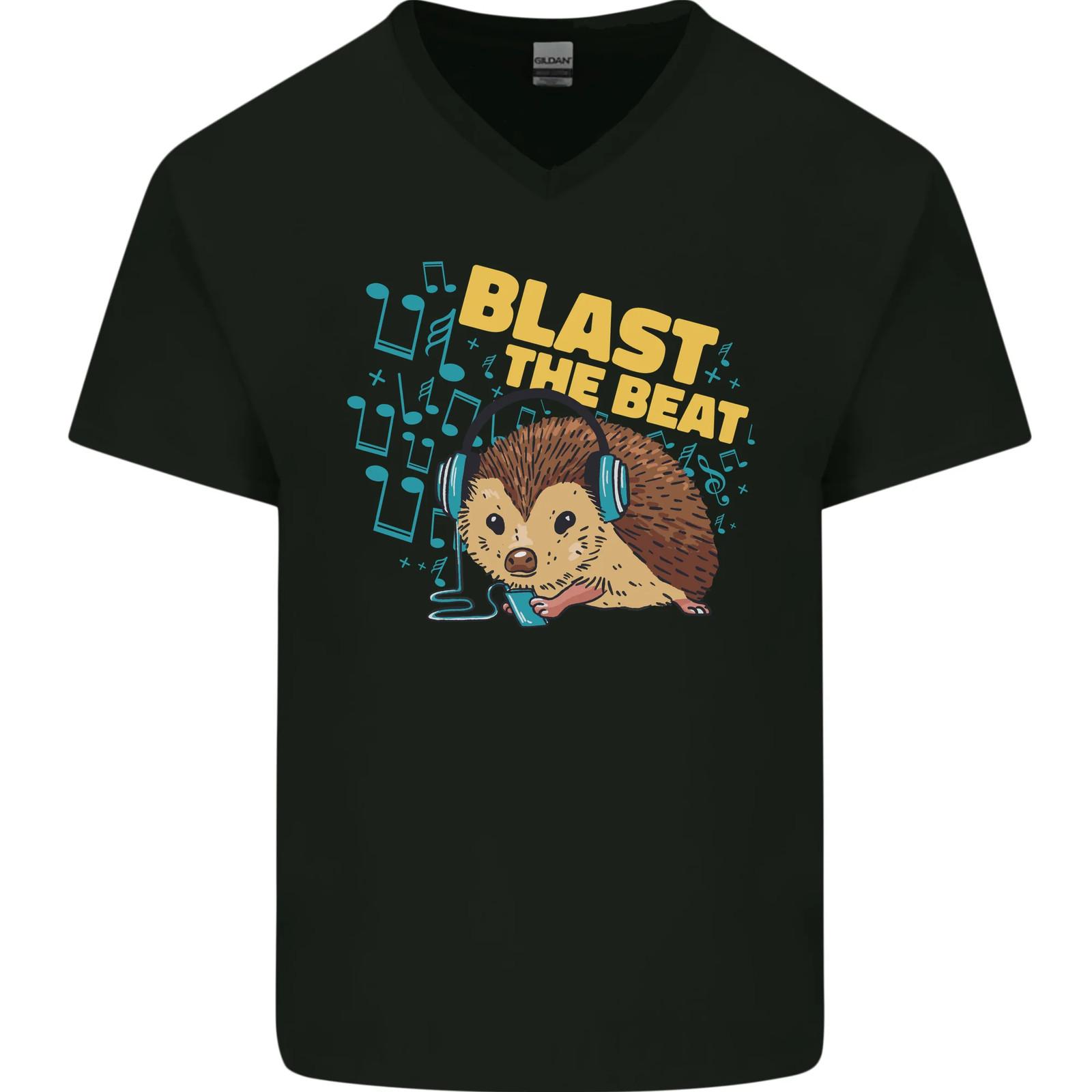 A DJ Hedgehog Headphones Pop Music Mens VNeck Cotton T-shirt S