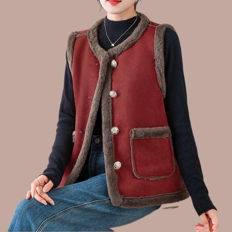 Damen Winter Fleecegefütterte Weste Wendbare Wildleder Ärmellose Jacke Warme Knopfleiste Weste mit Taschen
