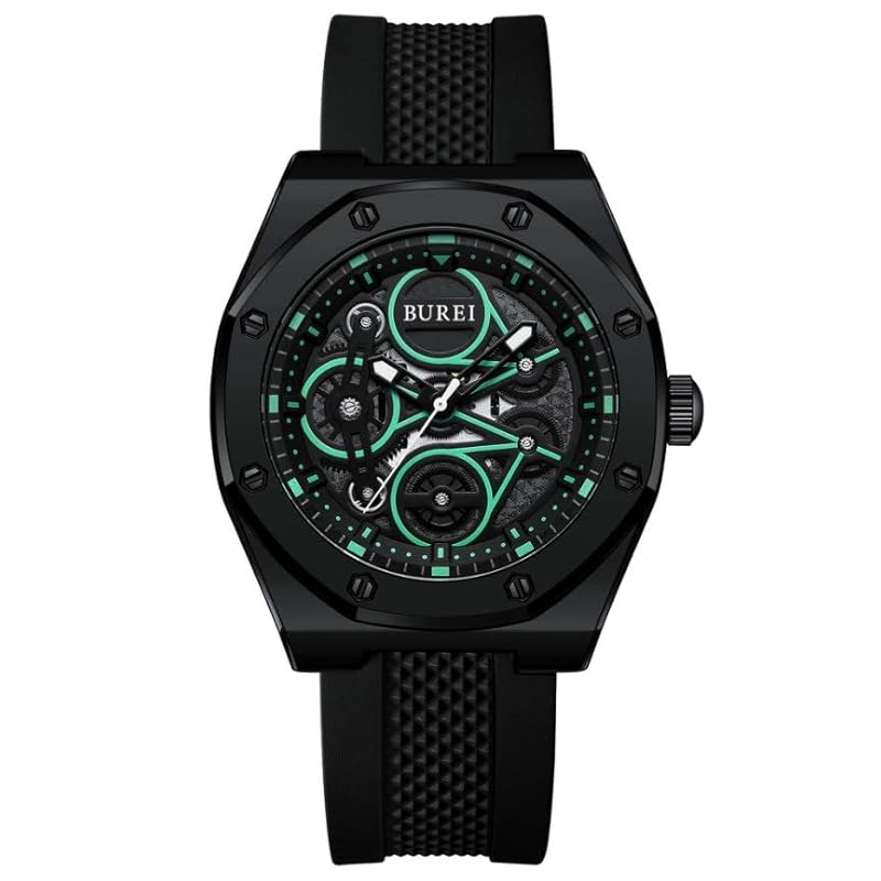

BUREI mens watches analog quartz black sports trend men s watch breathable silicone band Simple and multi-match men s watch gift