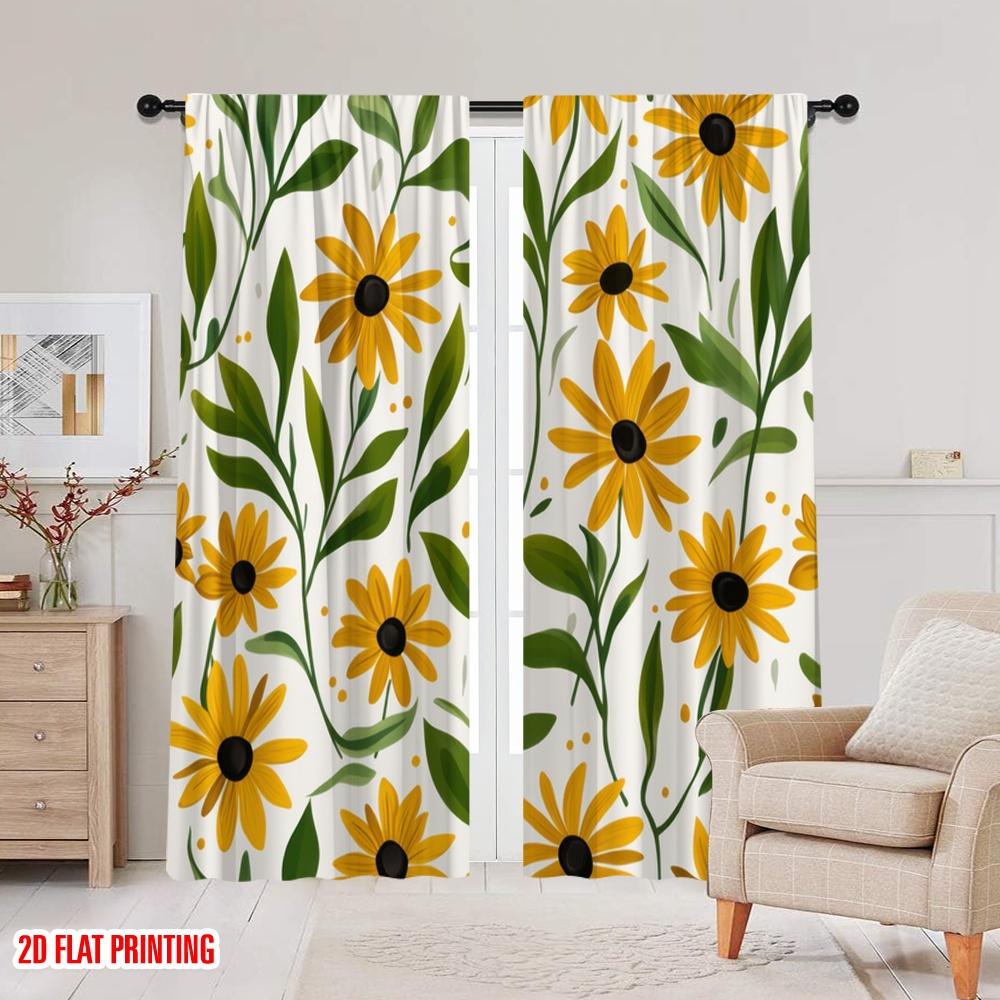 2pcs,2D plane printing Curtain Fabric Sunny Blooms Durable 100% Polyester Fabric (without rod) Holiday Use for Home & Office