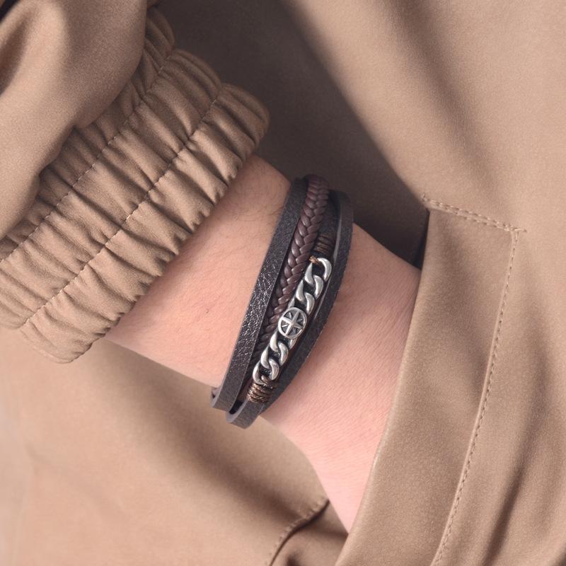 Stainless Steel Chain Leather Bracelet for Men - Personalized Woven Leather Wristband Handpiece