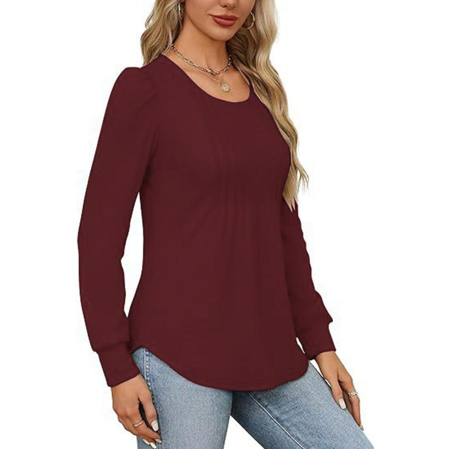 Maglietta a maniche lunghe da donna autunnali, alla moda, casual, plissettata, con scollo rotondo basso, abbigliamento da donna