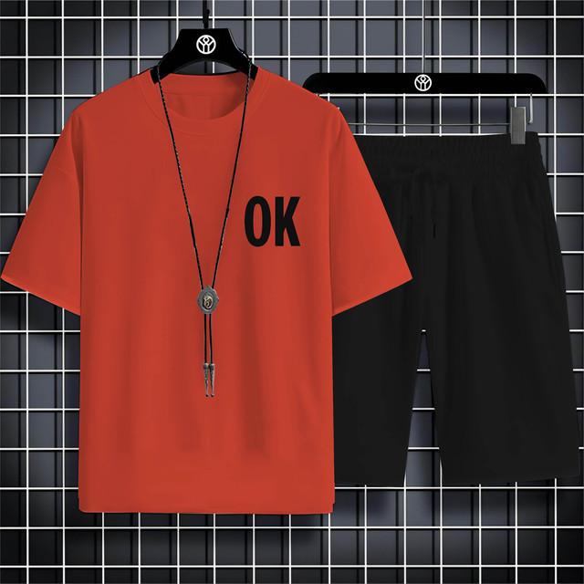 Summer Outdoor Sports Style Alphabet Ok Printed Men'S Round Neck Comfortable Breathable Drawstring Shorts Casual Set Quick Dry