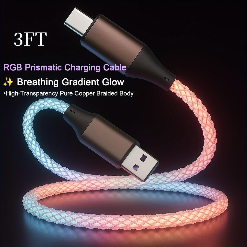 120W Flowing Led Luminous RGB USB A To Type C Charging Cable Sync Data Usb Cable for 17 16 15 Pro Huawei Samsung Oppo