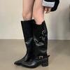 New Winter Black Punk Round Toe Knee-High Women Boots Square Heels Buckle Strap Ladies Booties Shoes