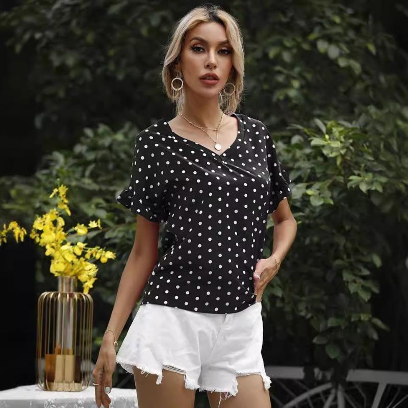 Women's Summer Polka Dot V-Neck Short Sleeve T-Shirt Top