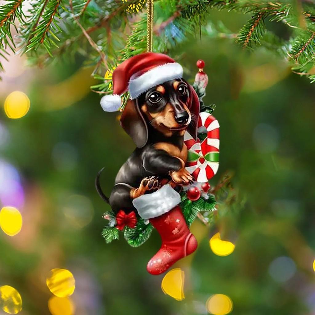 Acrylic Christmas Dachshund Car Pendant With Cute Cartoon Style For Auto Interior Decor