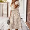 European and American style new printed V-neck button waist short-sleeved dress