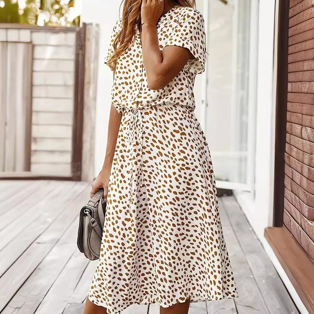 European and American style new printed V-neck button waist short-sleeved dress