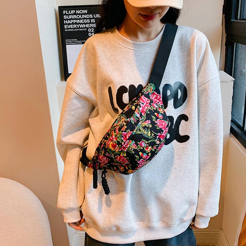 Chinese Style Northeast Big Flower Vintage Crossbody Bag Women Street Fashion Chest Bag Floral Pattern Sport Casual Fanny Pack