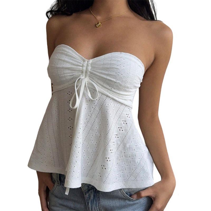 2026 Summer Hollow Out Women Tube Top New Sweet Lace-up Strapless Blouse Slim Fit Loose Sleeveless Top Solid Color Simple A-line Backless Sexy Shirts