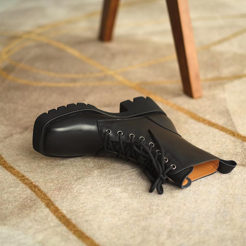 Cizme de damă din piele naturală, cu șireturi, pentru iarnă, la modă, cu vârful pătrat, cu toc gros, gleznă, cizme cu platformă, pantofi de damă cu legături încrucișate