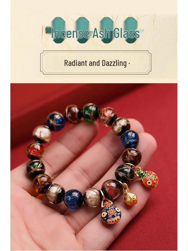 Multicolored Incense Ash Glazed Handcrafted Beaded Bracelet with Swallowing Gold Beast Design for Five-Color Benming Year