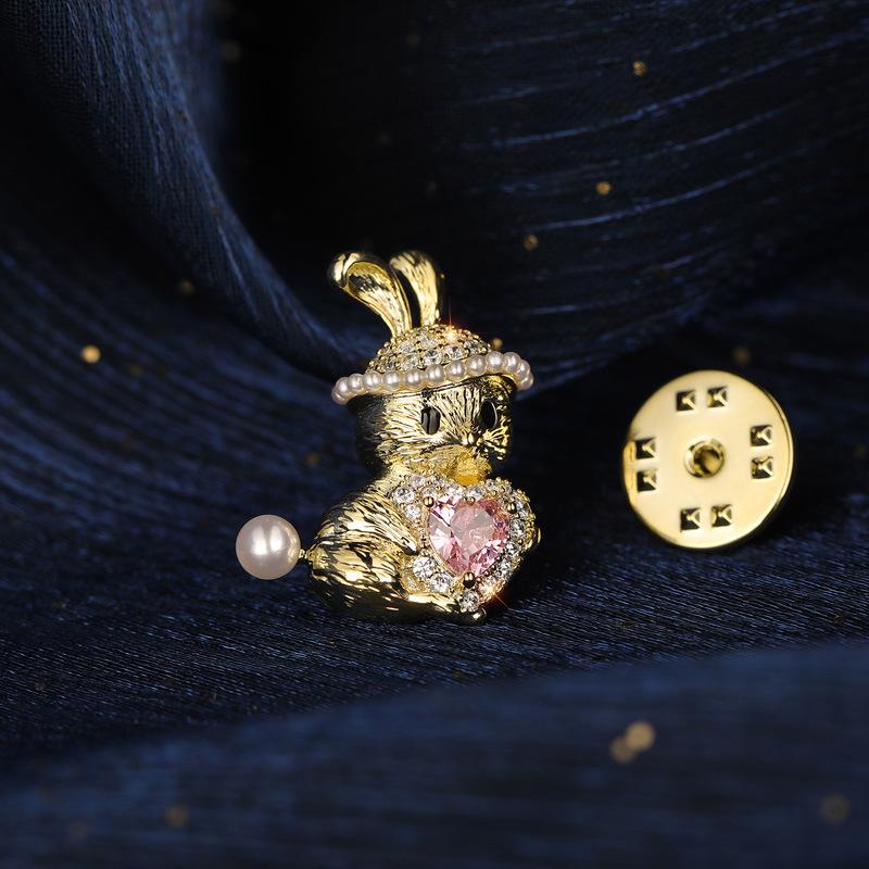 Bo Xin Yun Cute Bunny Zircon Pearl Brooch – Cartoon Rabbit Anti-Exposure Collar Pin