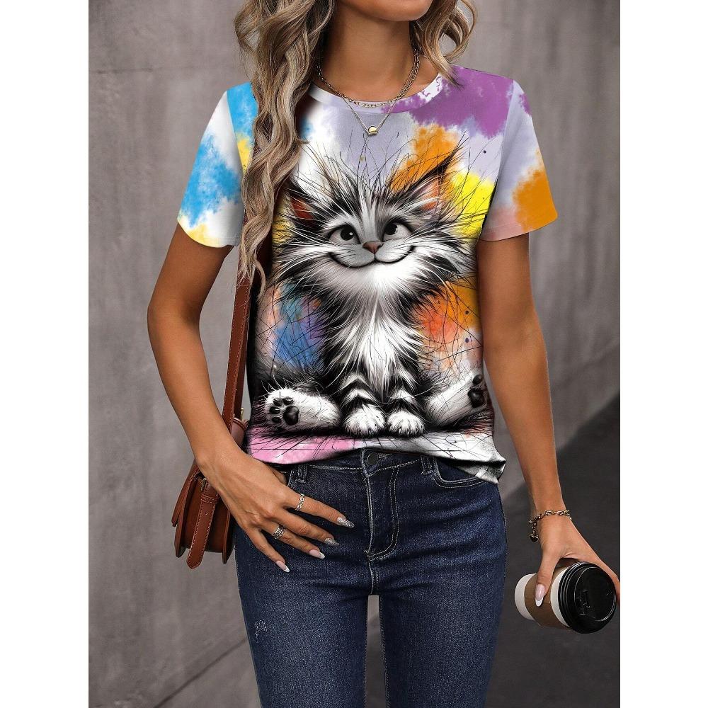 Cute Cat Print T-Shirt For Women Graphic Tees Women Tops
