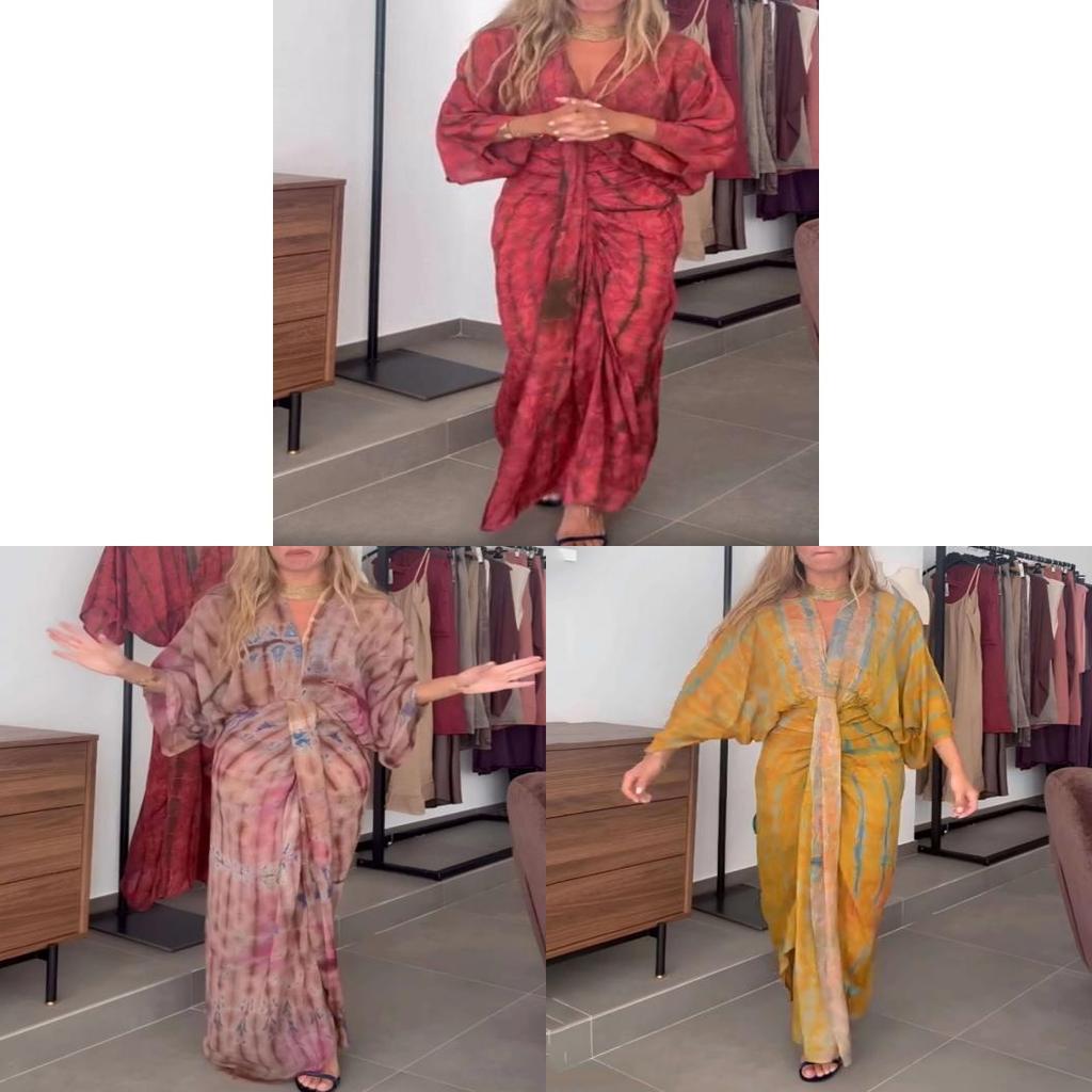 Boho potisk dlouhých šatů se zavazováním v pase pro ležérní podzimní nošení