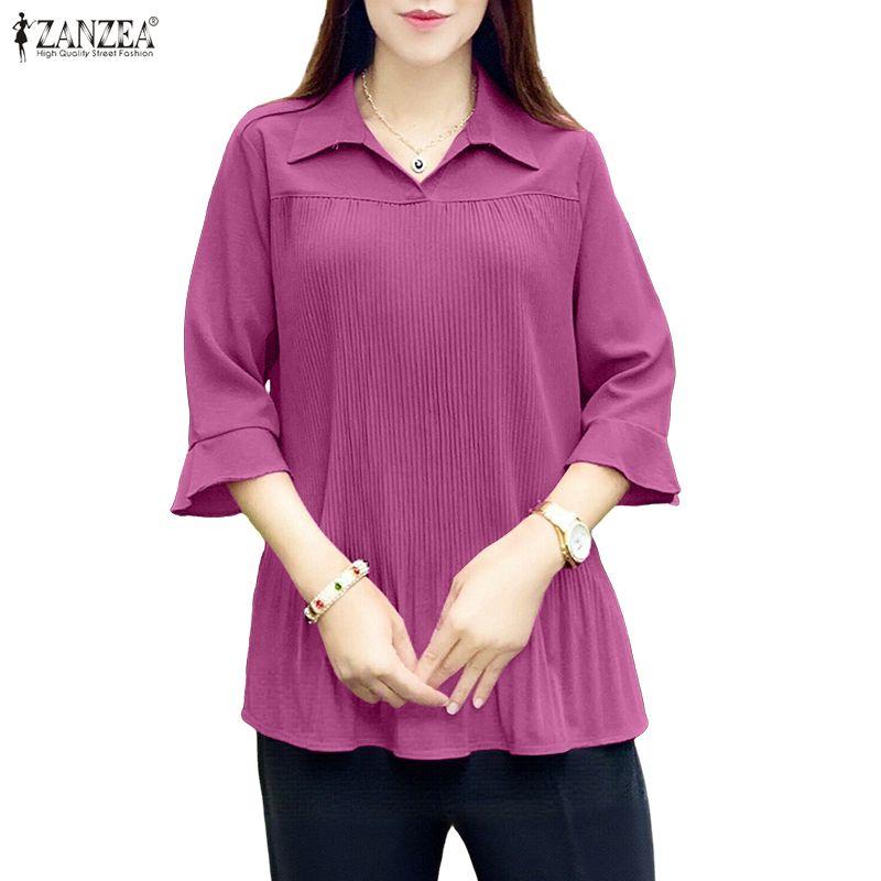 ZANZEA Damen Casual Umlegekragen 3/4 Ärmel Lockere Bluse