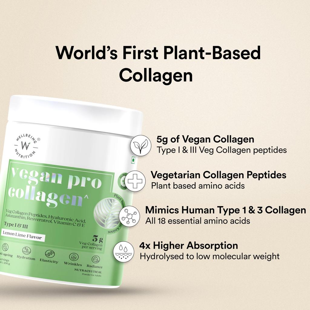 Wellbeing Nutrition Vegan Pro Collagen Peptides Supplement for Skin and Hair | 100% Plant Based 5 gms Collagen, Lemon Lime, 200 gms