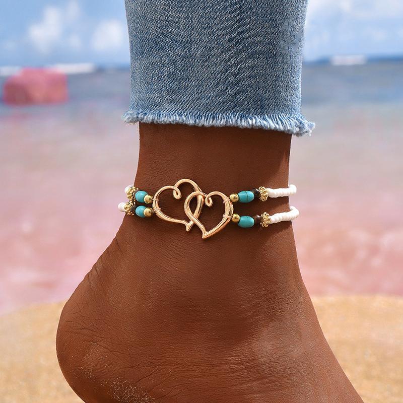 1 Stück Neue Böhmische Seestern Muschel Perlen Fußkettchen Für Frauen Doppeltes Herz Perlen Bein Kette Sommer Strandparty Barfuß Sandale Schmuck