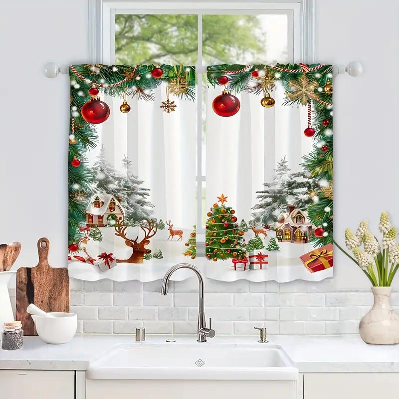 Set Of 2 Charming Christmas Scene Patterned Curtains Cute Design Filter Polyester Family Windows Curtain