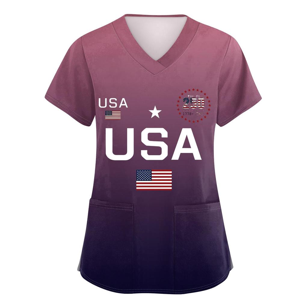 Camisetas de trabajo con bolsillos y cuello en V y manga corta estampadas a la moda para mujer