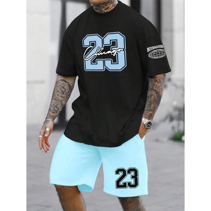 2025 Neuer Herren Kurzarm Shorts 2-teiliger Trainingsanzug Mode 23 Digital bedrucktes Rundhals-T-Shirt und Kordelzug-Shorts Set