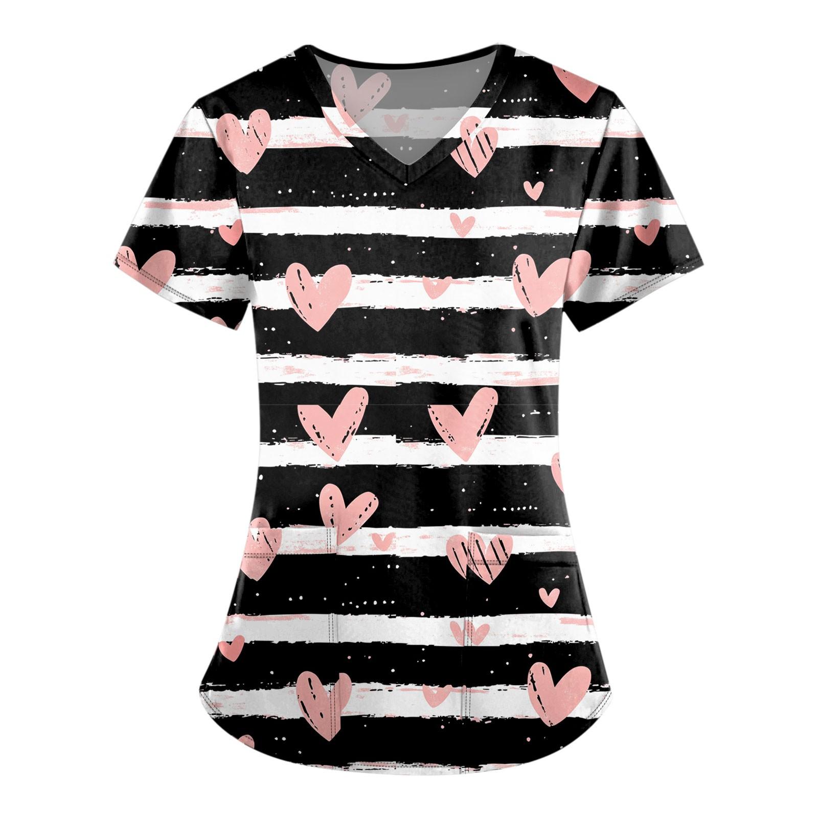 

Женские модные топы с короткими рукавами и V-образным вырезом с принтом, рабочие футболки с карманами L чёрный