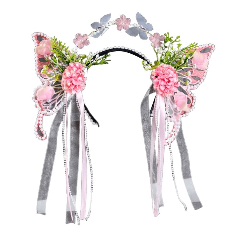 

Butterfly Designs Sheer Headband With Flowers and Tassels For Romantics Occasion Roleplay Game Accessories Hairhoop розовый