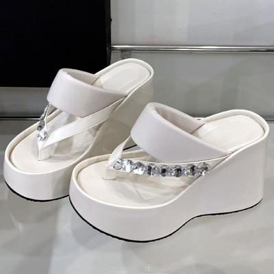 Mode Strass Dikke Zool Antislip Dames Sandalen 10 Cm Superhoge Hak Clip Teen Slippers Zomer Casual Comfortabele Strand Slipper