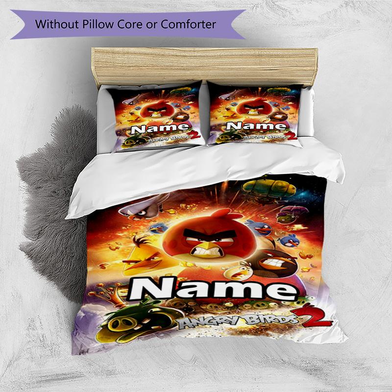 3pcs Duvet Cover Set (1*Duvet Cover + 2*Pillowcase, Without Core), Custom Name Angry Birds Pattern Bedding Set, Home Bedroom Decor Gift