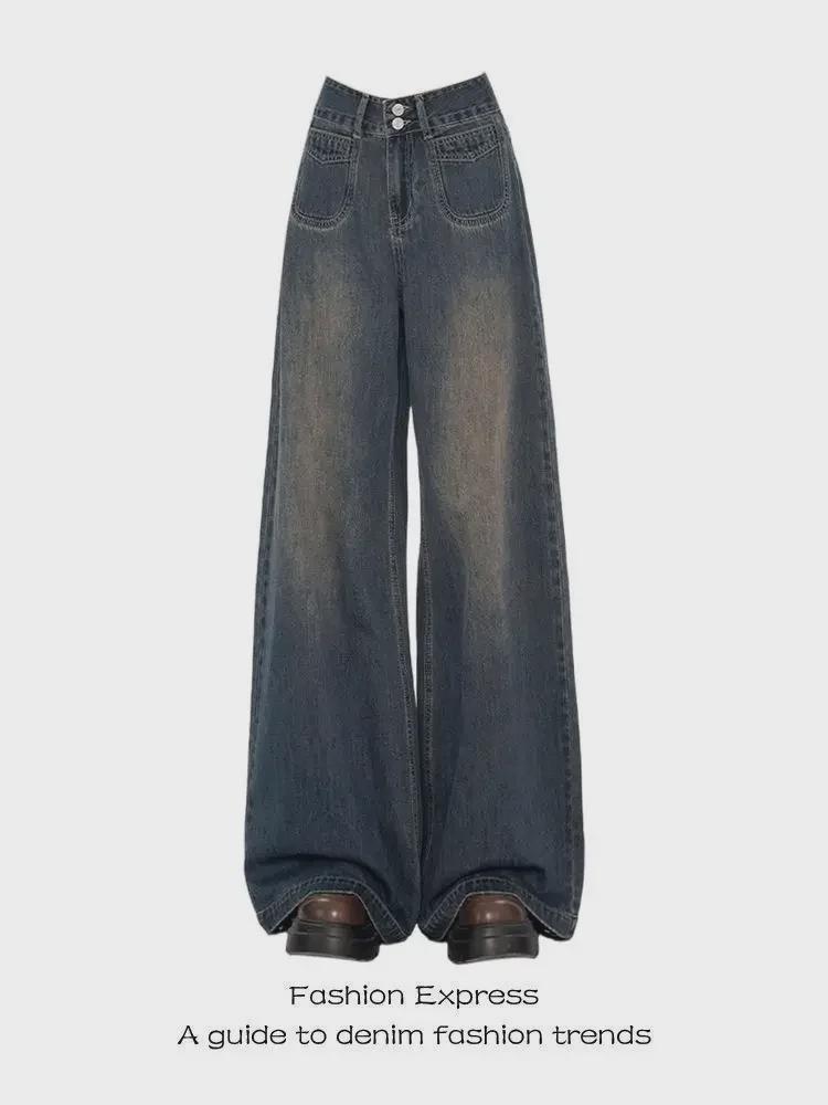 Retro Graue High-Waist Wide-Leg Jeans für Damen - Herbst 2024 Kollektion