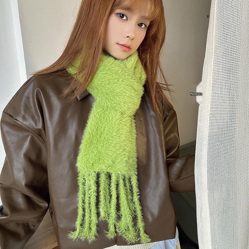 Luochi Knitting~Candy Color Plush Scarf: Soft, Skin-Friendly, Warm Tassels & Braids, Versatile Winter Neck Warmer for Women.
