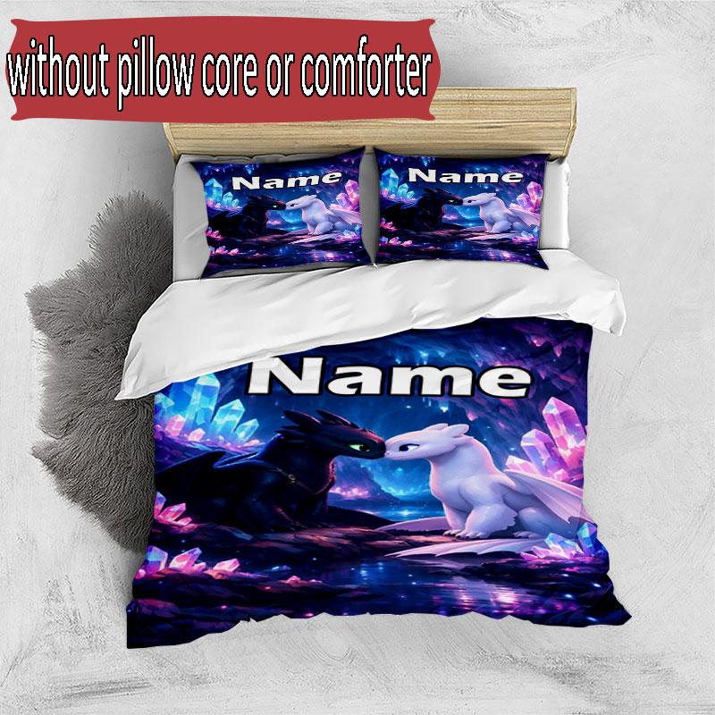 3pcs Duvet Cover Set (1*Duvet Cover + 2*Pillowcase, Without Core), Custom Name How to Train Your Dragon Pattern Bedding Set, Home Bedroom Decor Gift