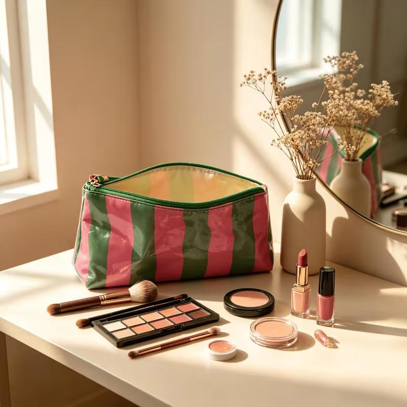 PVC Striped Makeup Bag with Tassel Zipper Waterproof,Large-Capacity,Portable Cosmetic Organizer &Toiletry Bag for Outdoor Travel