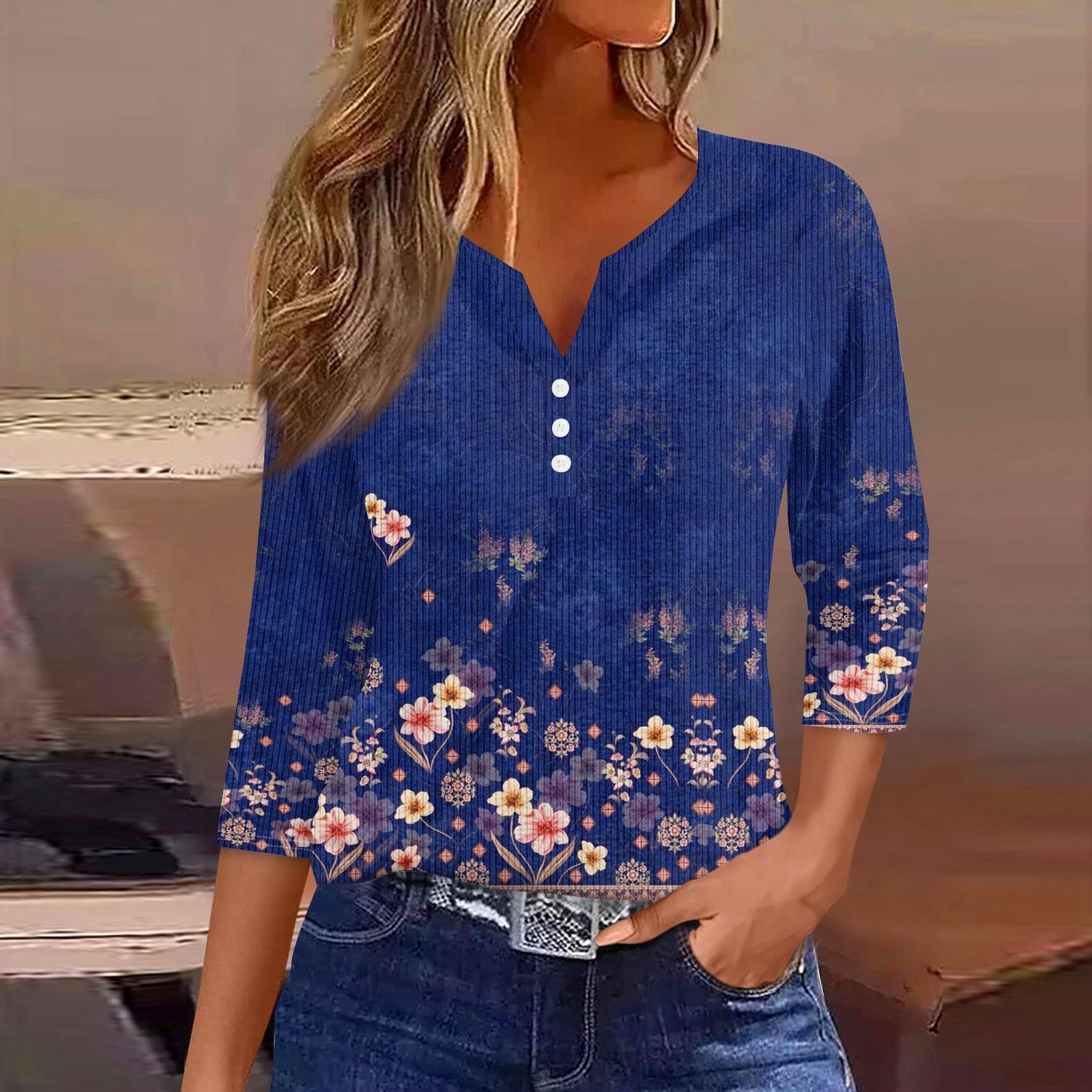 

Женская футболка с принтом на пуговицах, рукав 3/4, вязаный свитер, повседневный, модный, на выходные, базовый, с V-образным вырезом, обычный топ L