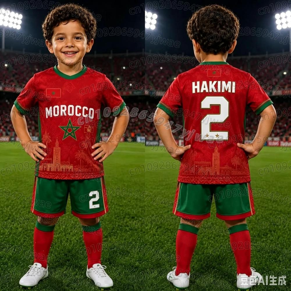 26 Bambini Ragazze Marocco Fan di Calcio Maglia Bandiera del Marocco Hakimi 10 Stampa T-Shirt Pantaloncini Set Tuta 2 Pezzi Set Genitore-Figlio