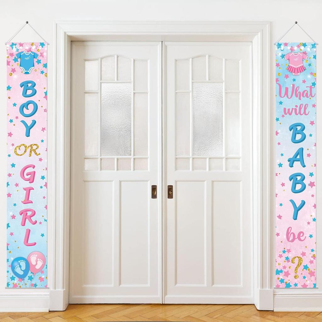 Buryeah 2 Pcs Gender Reveal Door Decorations Boy or Girl Porch Signs Gender Reveal Door Hangers Banner He or She Porch Signs for Baby Shower Party