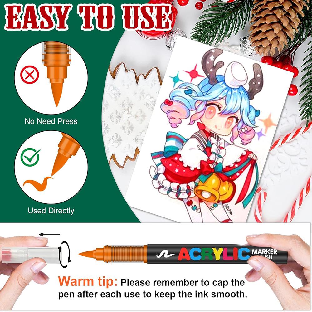 Flexible Brush Tip Acrylic Markers Set Waterproof Vibrant Acrylic Pens for Rock Painting DIY Crafts Artists and Art Projects