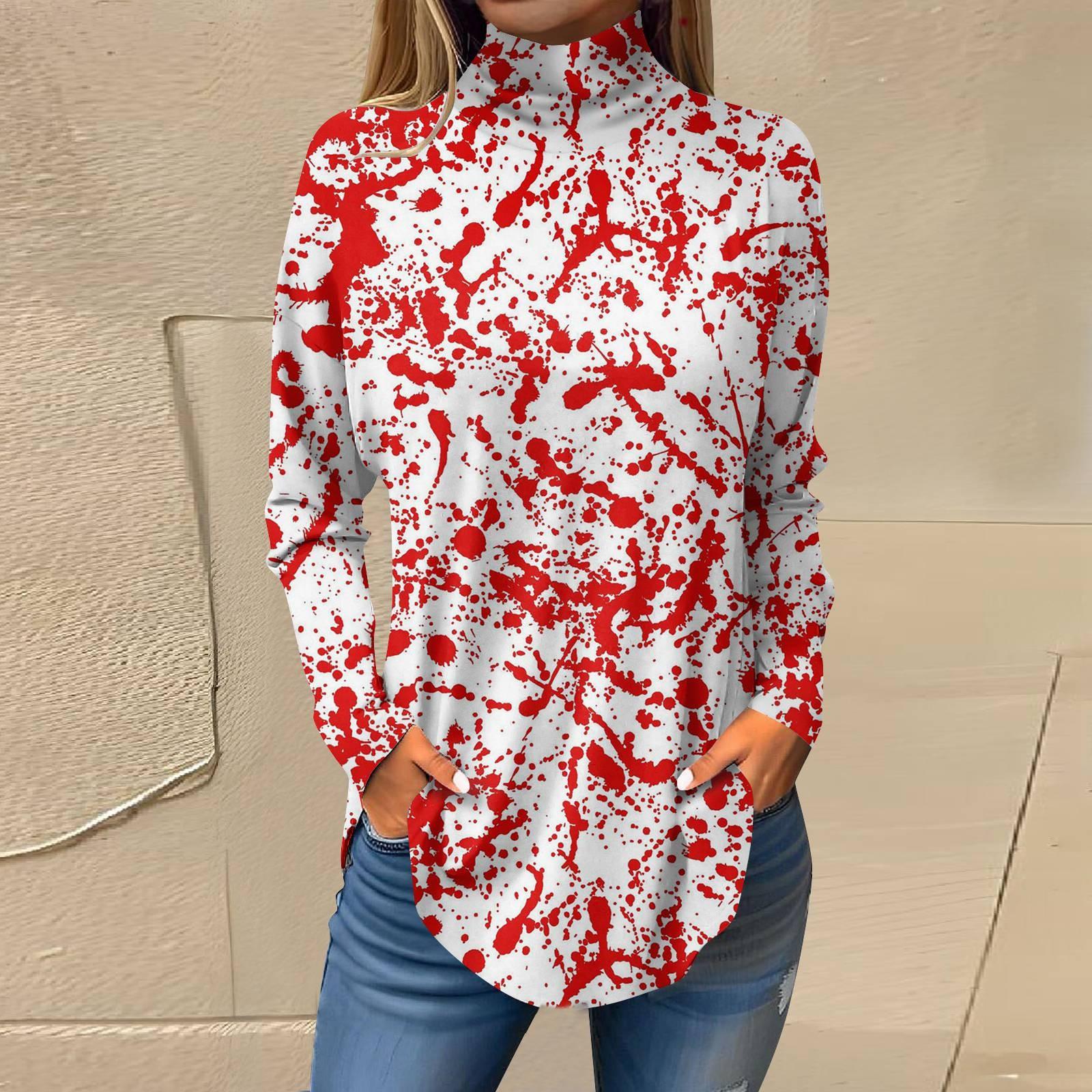 Женская свободная футболка с высоким воротом и длинными рукавами — фото 8