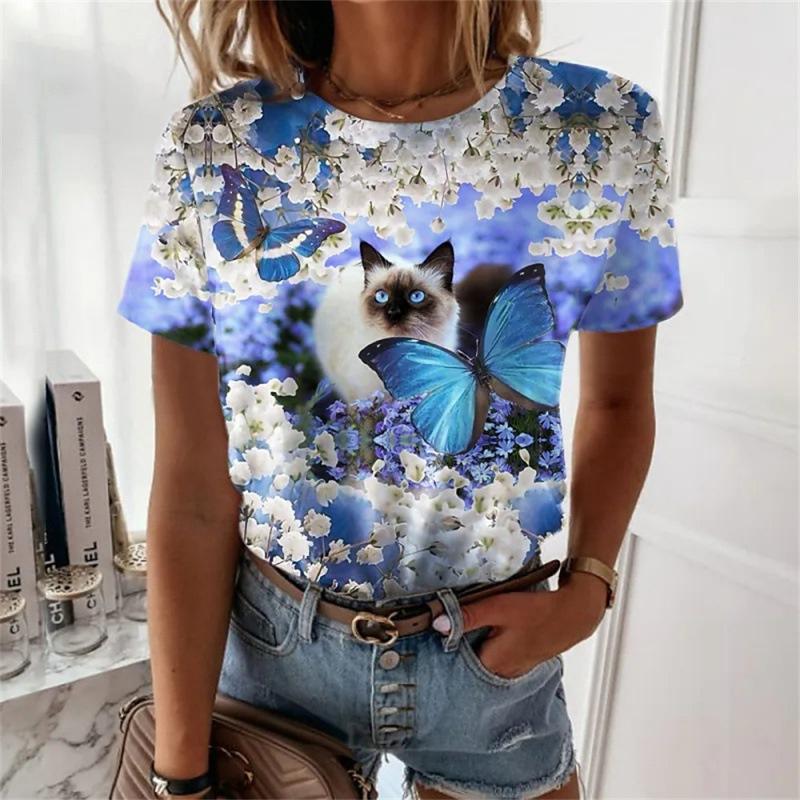 Cute Cat Pattern T Shirt For Women Pet Animal Printed Short Sleeves Tees Summer Casual Loose T-Shirts Streetwear O-Neck Tops