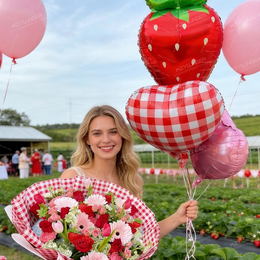 Strawberry Love Balloon Set Fruit Strawberry Shaped Balloon and Red Grid Love Balloon for Wedding Shower, Birthday Photo Props