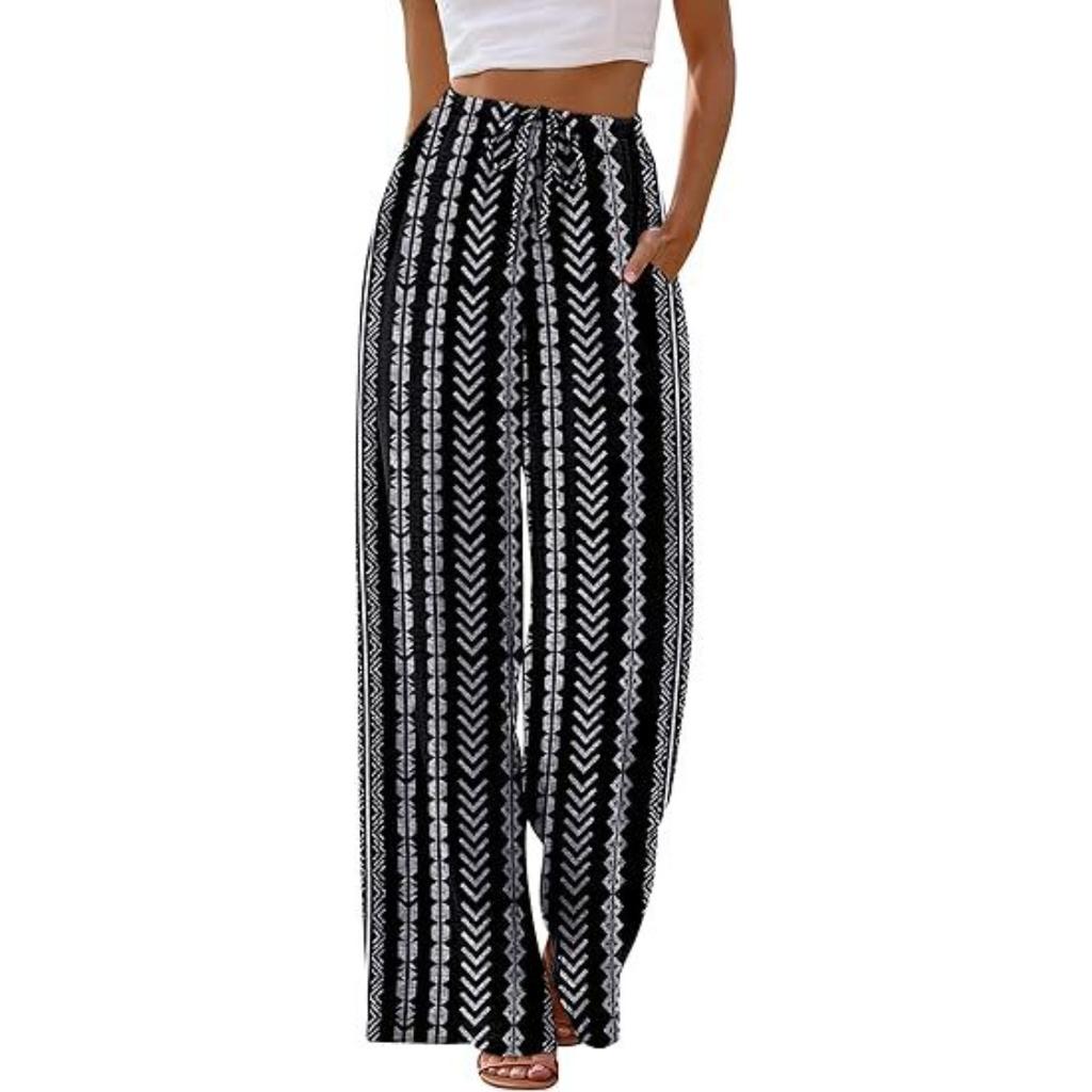 Damen Elastische Kordelzug Taille Seitentasche Weites Bein Hose Lockerer Schnitt Unifarben Bedruckt Palazzo Lässige Hose