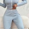 Womens Lace Trim Ribbed Knit Pajamas Set Long Sleeve Crop Top Wide Leg Pants Lounge Set 2 Piece Pjs Sleepwear